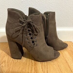 Peep Toe Brown Suede Lace-Up Ankle Boots